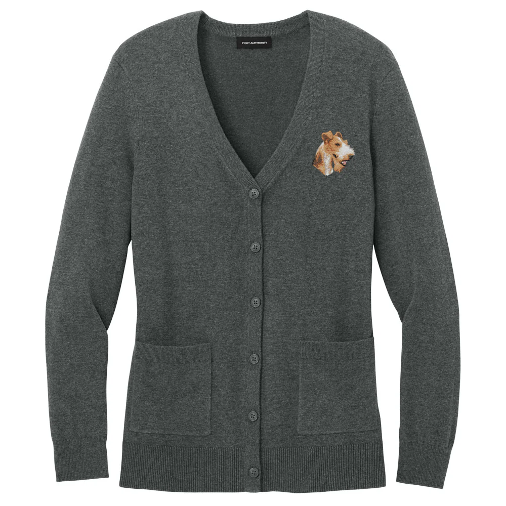 Wire Fox Terrier Embroidered Button-Up Cardigan Sweater