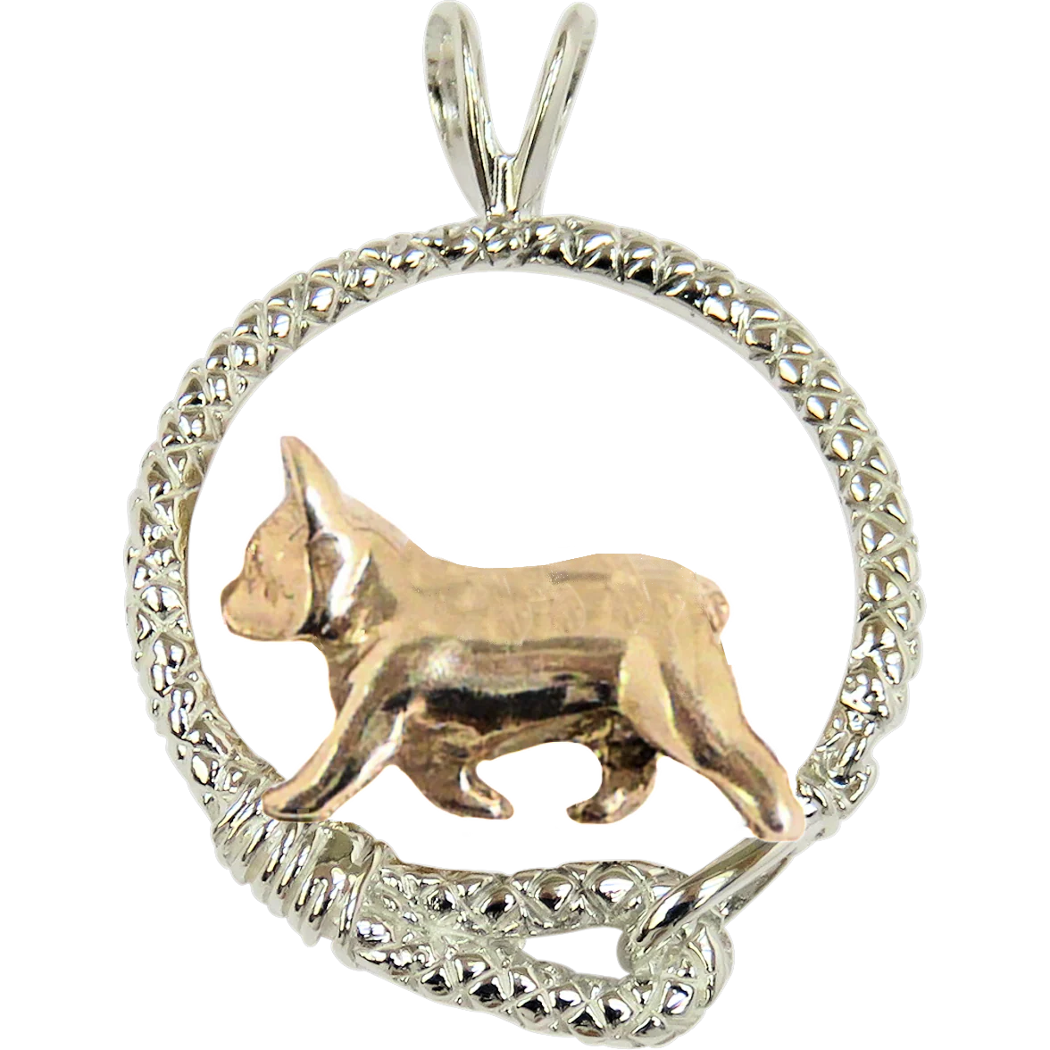 Solid 14K Gold French Bulldog in Solid 14K Gold and Sterling Silver Leash Pendant
