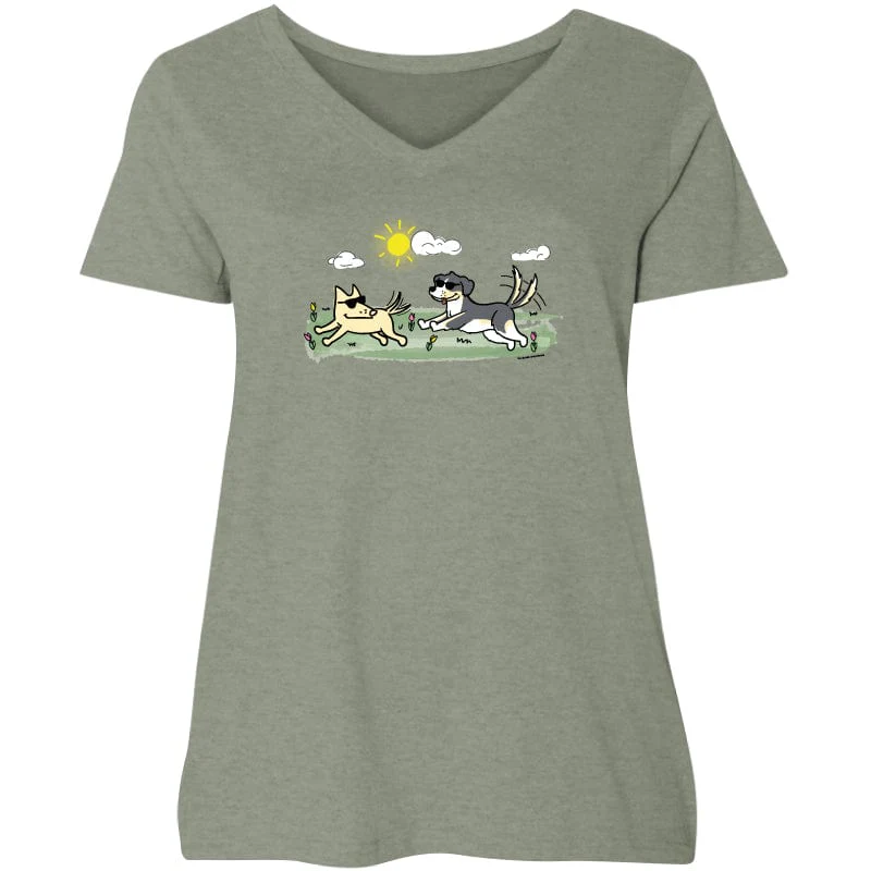 Frolicking Friends - Ladies Curvy V-Neck Tee