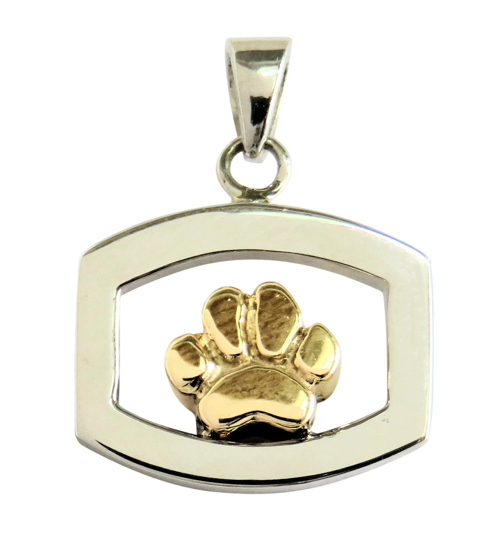 Solid 14K Gold Dog Paw in Sterling Silver Rectangle Pendant