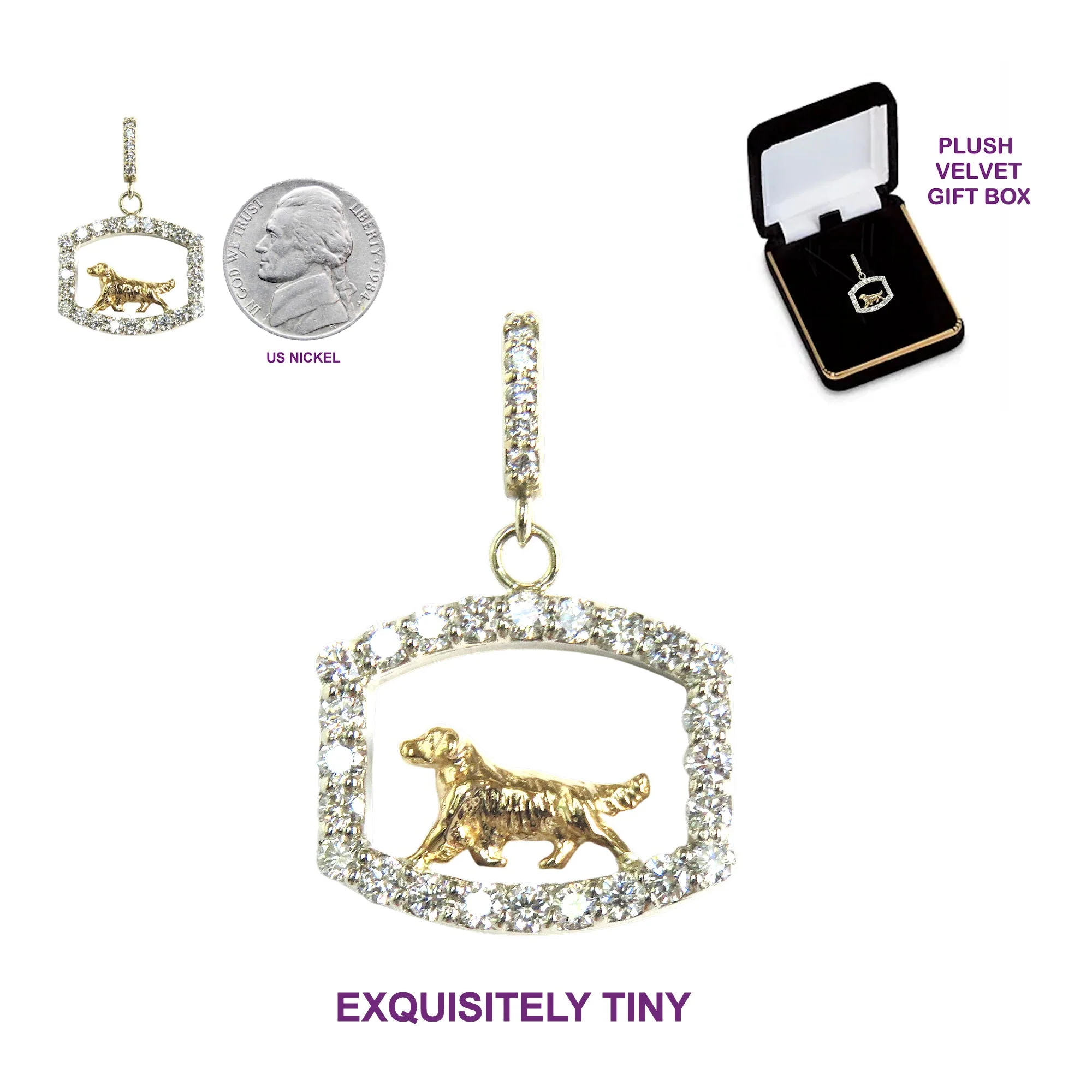 Golden Retriever 14K Gold in Exquisite Tiny Genuine Diamond Oval Pendant - Image 3