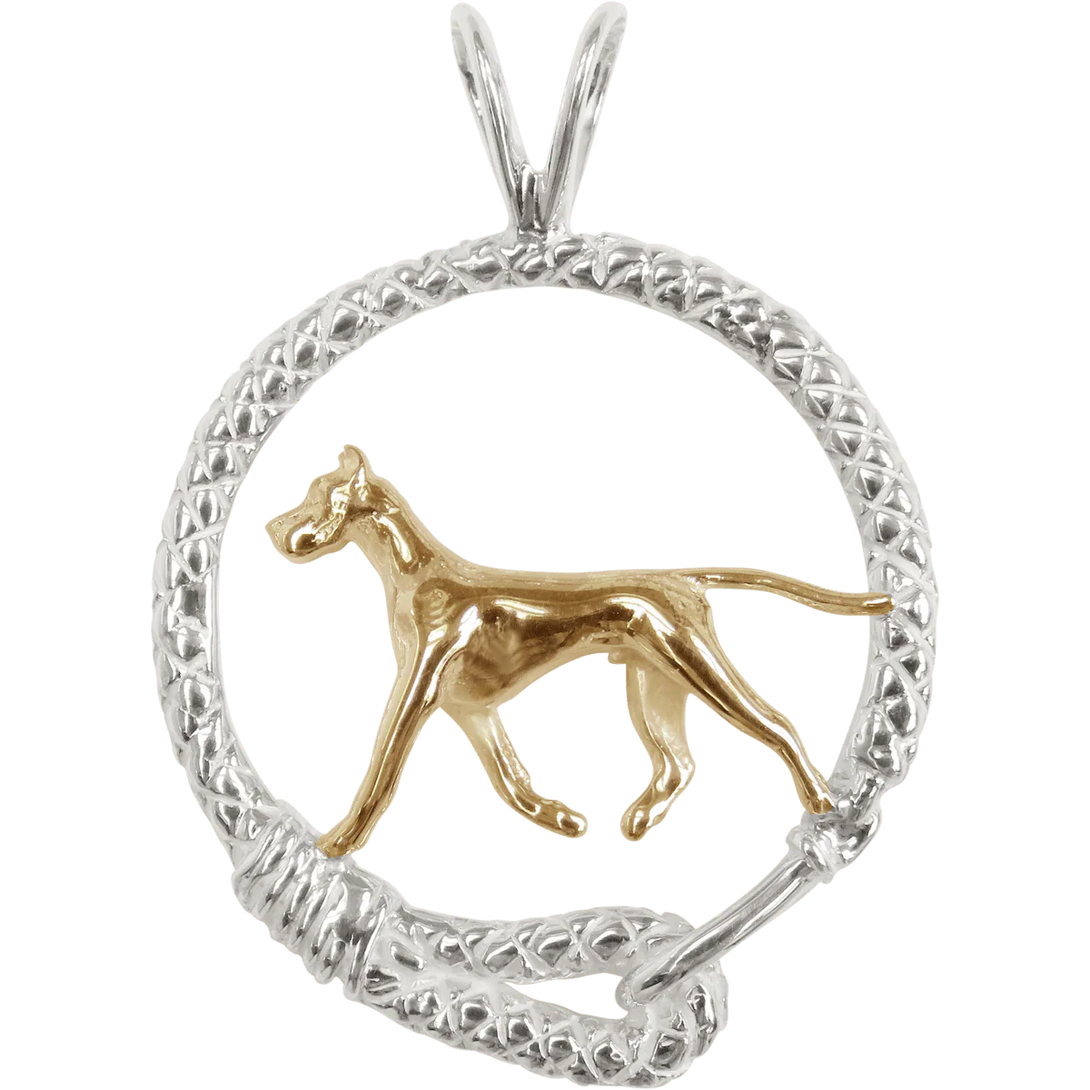 Solid 14K Gold Great Dane in Sterling Silver Leash Pendant