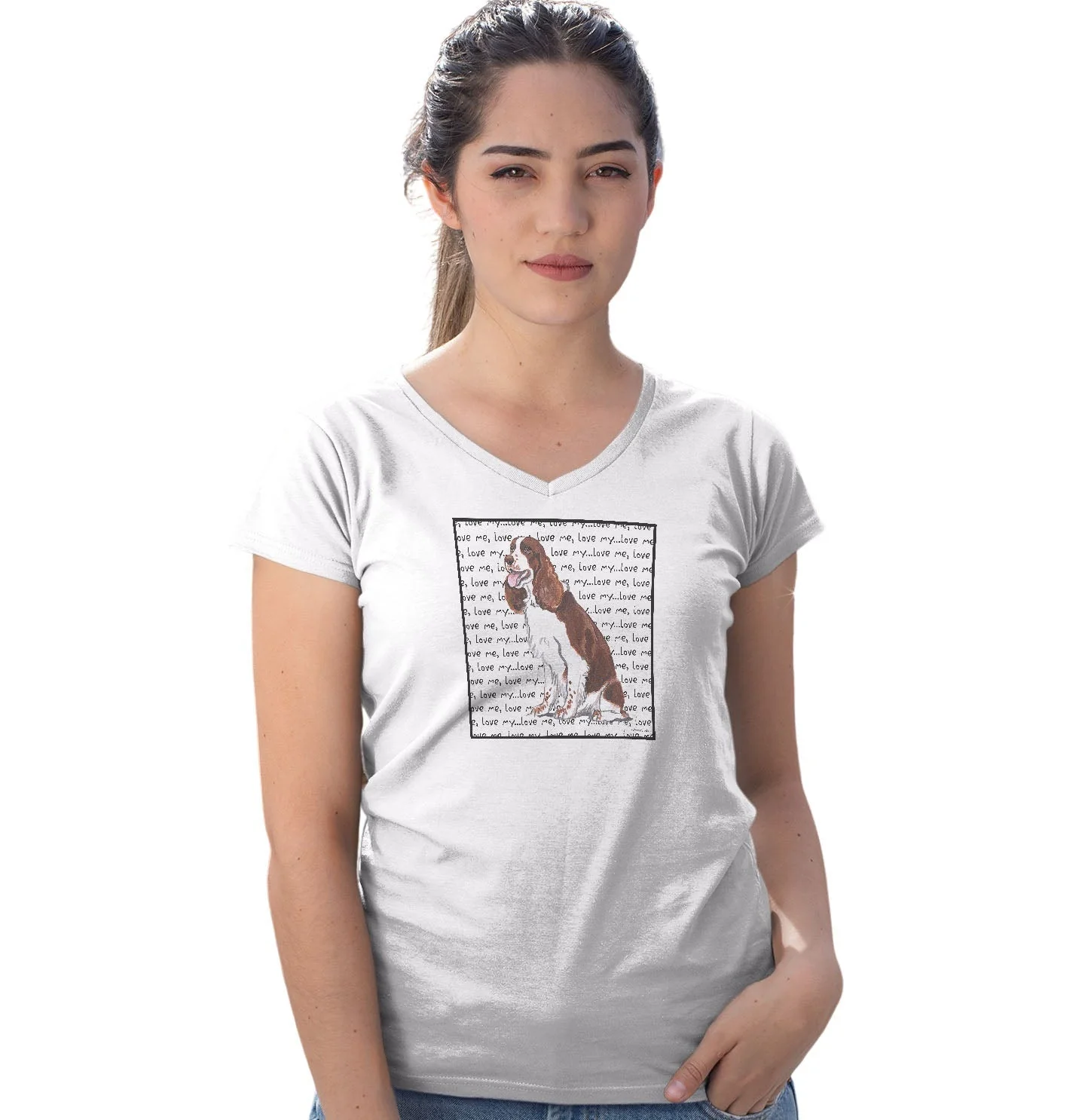 Liver and White Springer Love Text - Women's V-Neck T-Shirt - Image 3