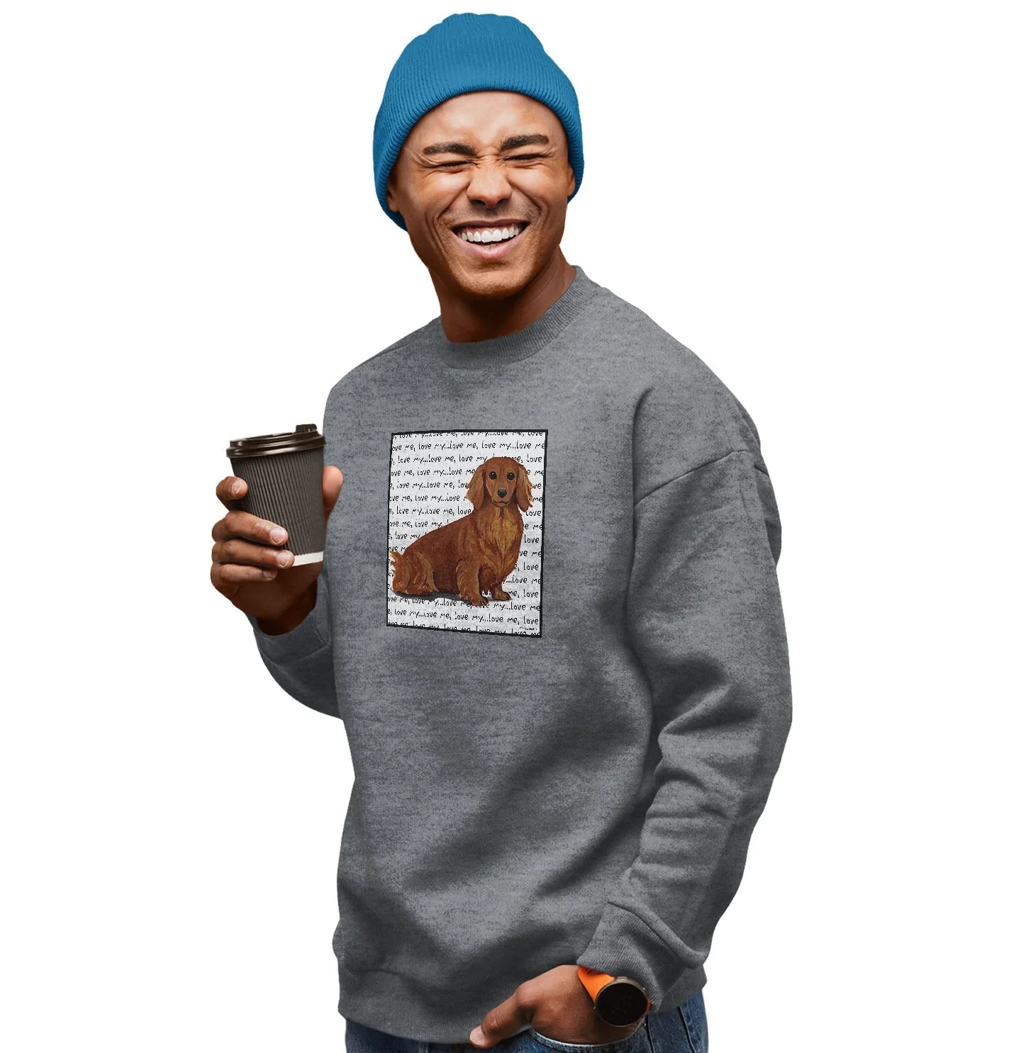 Longhaired Dachshund Love Text - Adult Unisex Crewneck Sweatshirt
