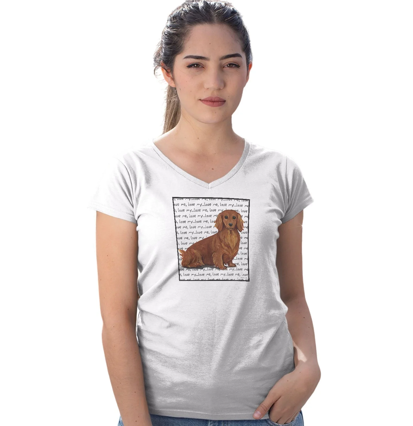 Longhaired Dachshund Love Text - Women's V-Neck T-Shirt - Image 3