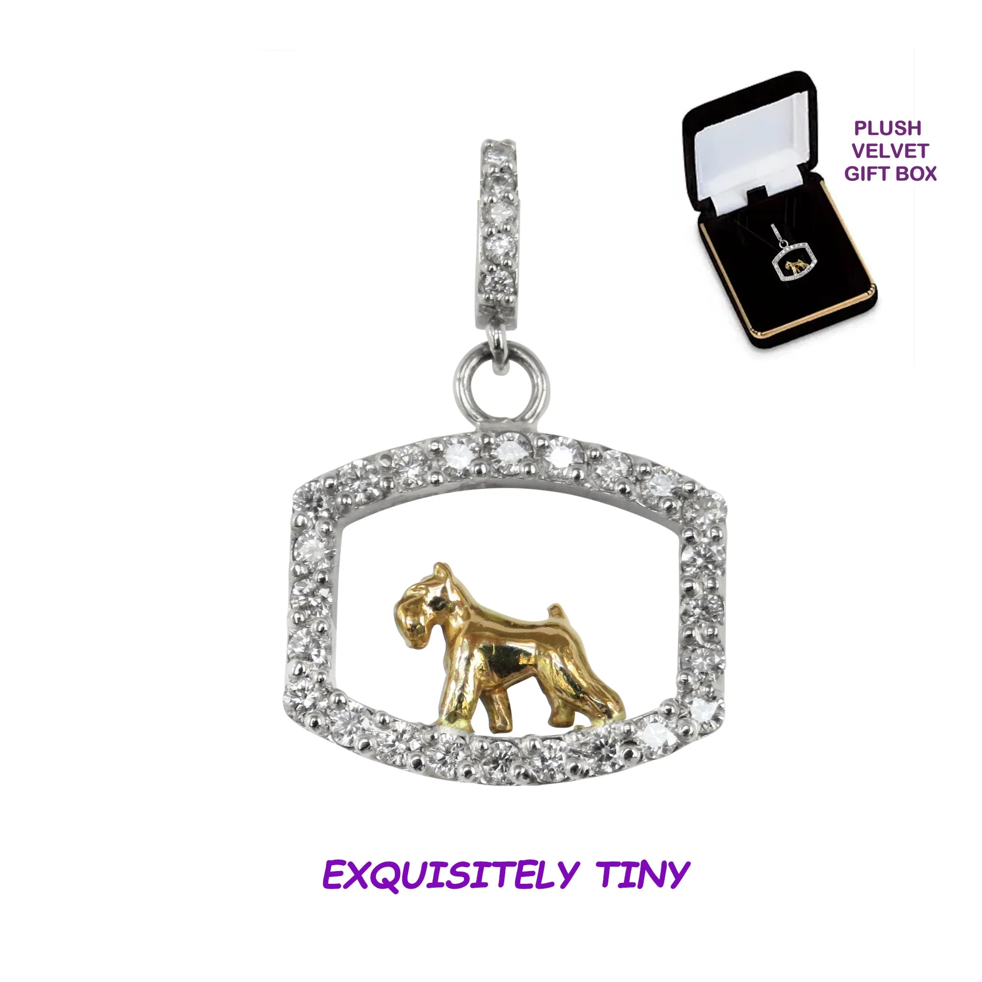 Miniature Schnauzer 14K Gold in Exquisite Tiny Genuine Diamond Frame Pendant - Image 2