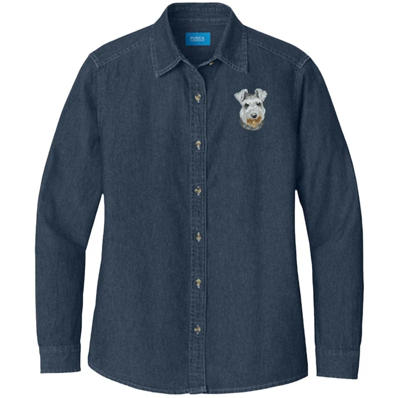 Miniature Schnauzer Embroidered Women's Denim Shirt - Image 3
