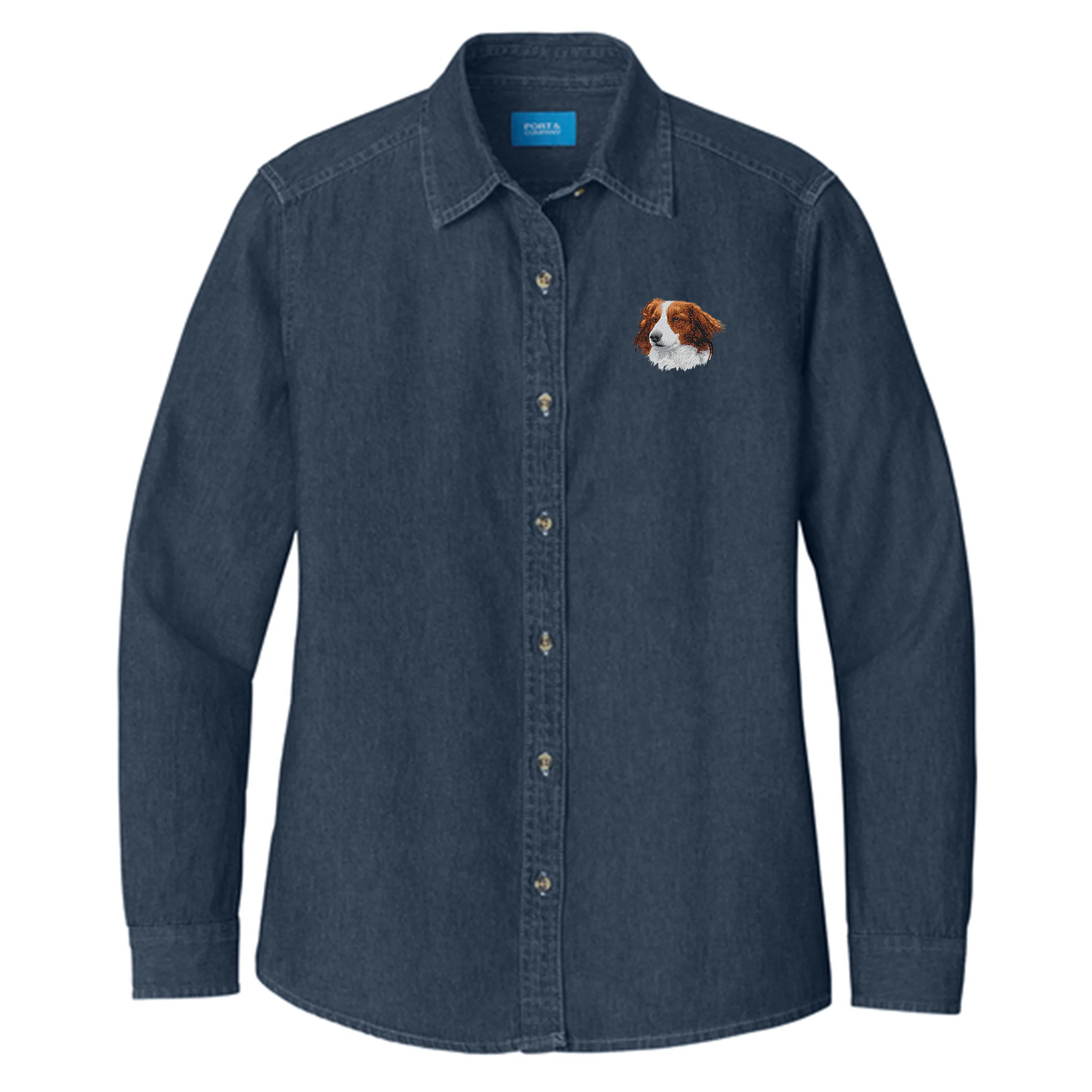 Nederlandse Kooikerhondje Embroidered Women's Denim Shirt - Image 3