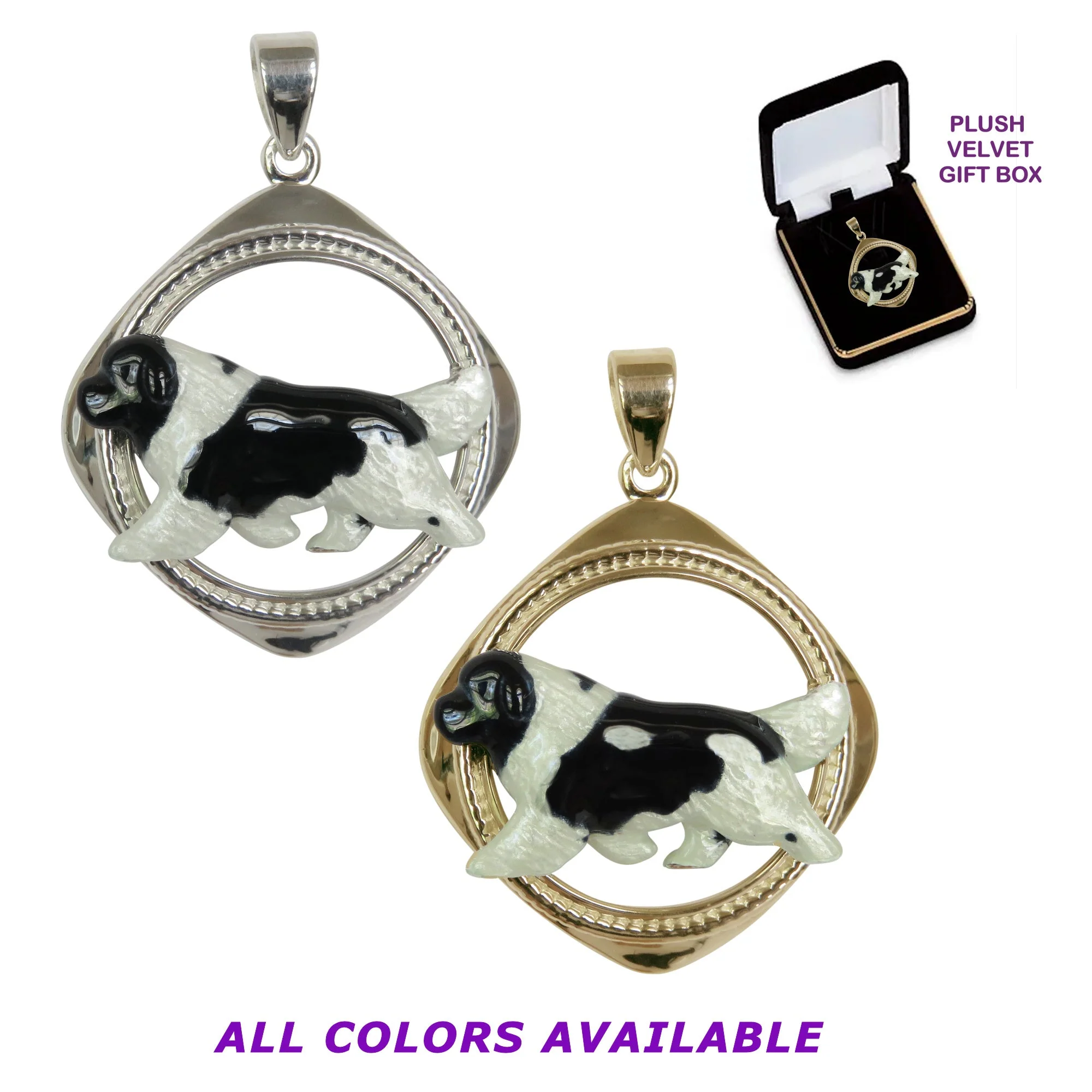 Custom Enamel Newfoundland in 14K Gold Diamond Shape Frame Pendant - Image 3