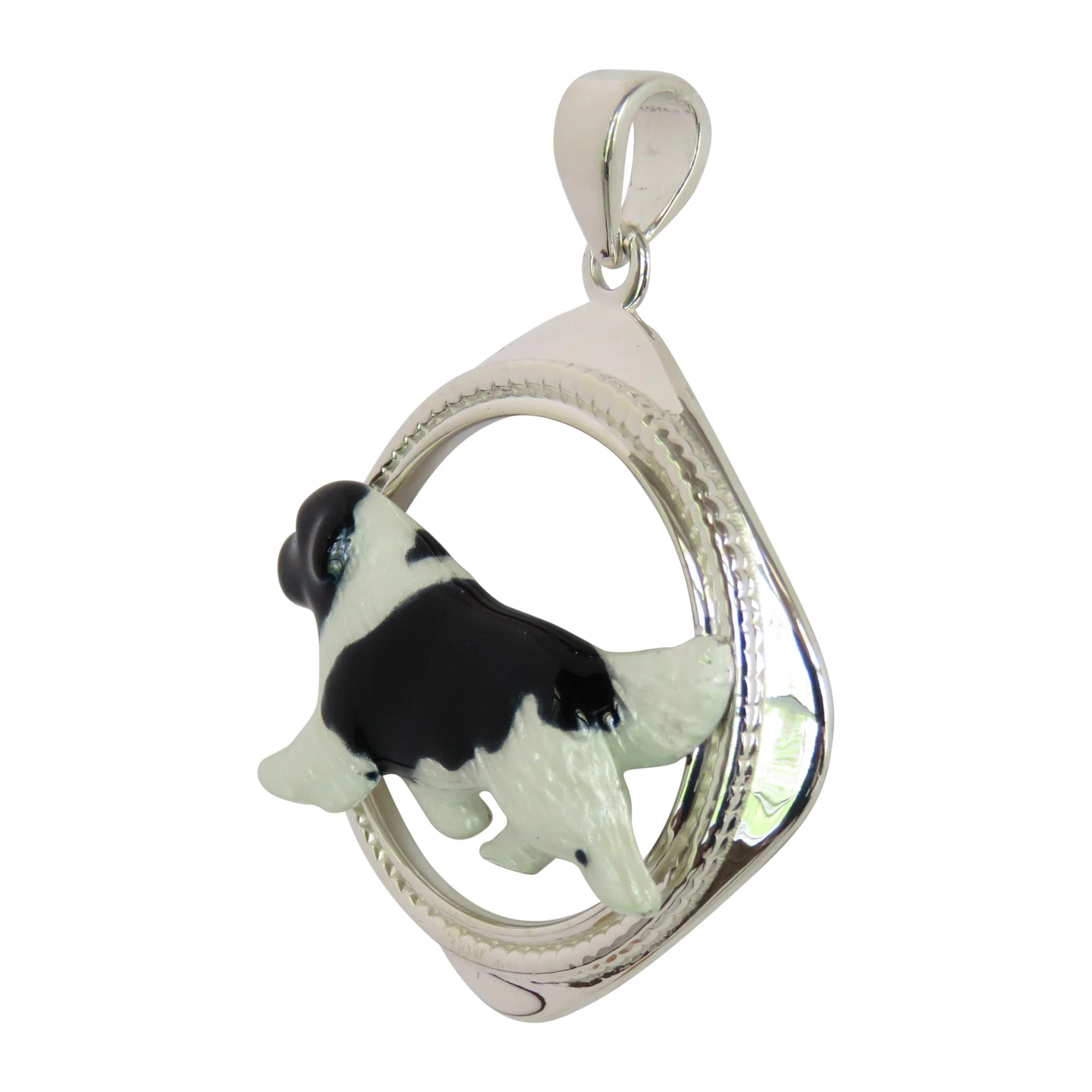 Custom Enamel Newfoundland in Sterling Silver Diamond Shape Frame Pendant - Image 2