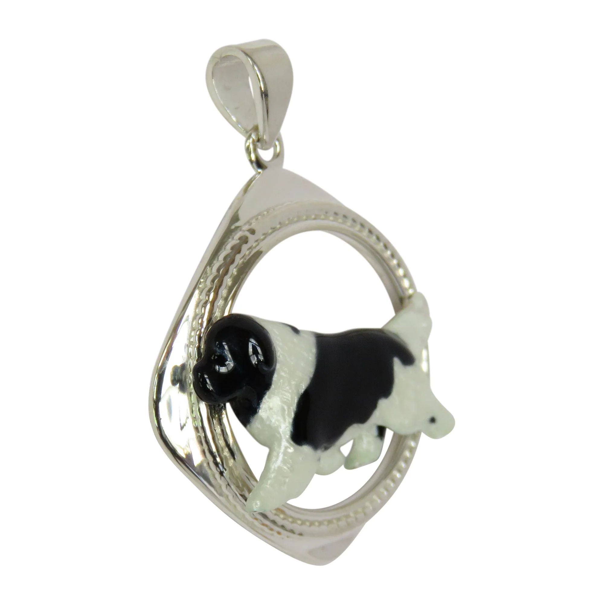 Custom Enamel Newfoundland in Sterling Silver Diamond Shape Frame Pendant - Image 3