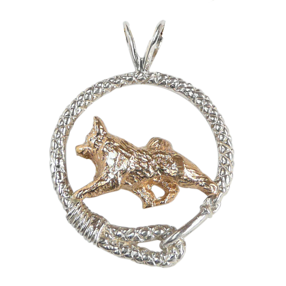 Solid 14K Gold Norwegian Elkhound in Sterling Silver Leash Pendant