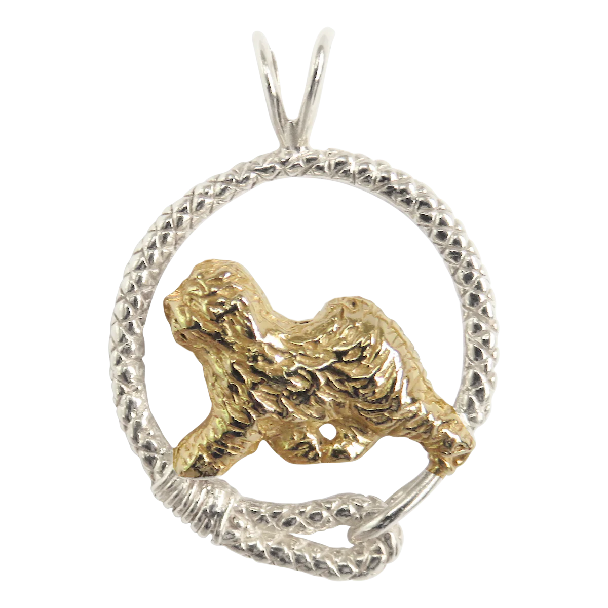Solid 14K Gold Old English Sheepdog in Sterling Silver Leash Pendant