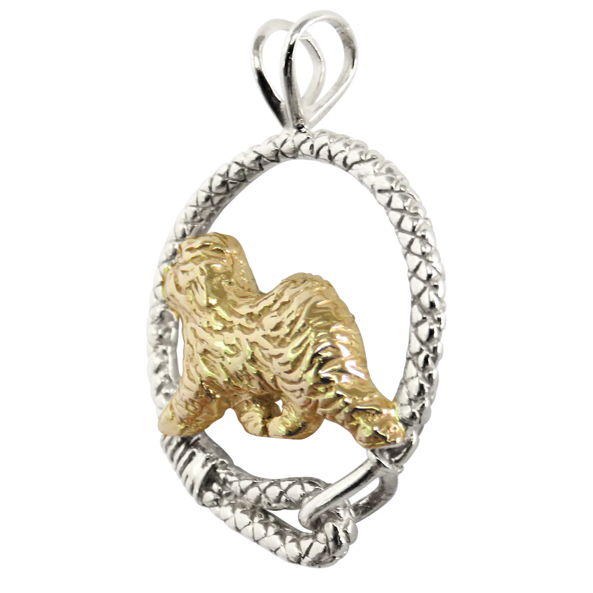 Solid 14K Gold Old English Sheepdog in Sterling Silver Leash Pendant - Image 3