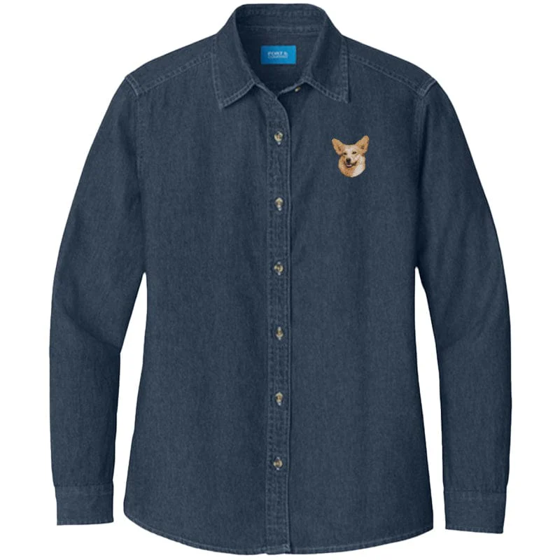 Pembroke Welsh Corgi Embroidered Women's Denim Shirt - Image 3