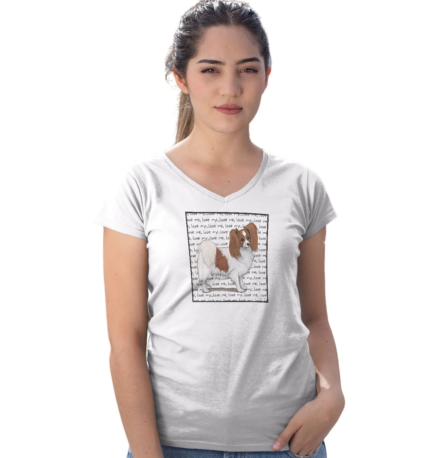 Red & White Papillon Love Text - Women's V-Neck T-Shirt