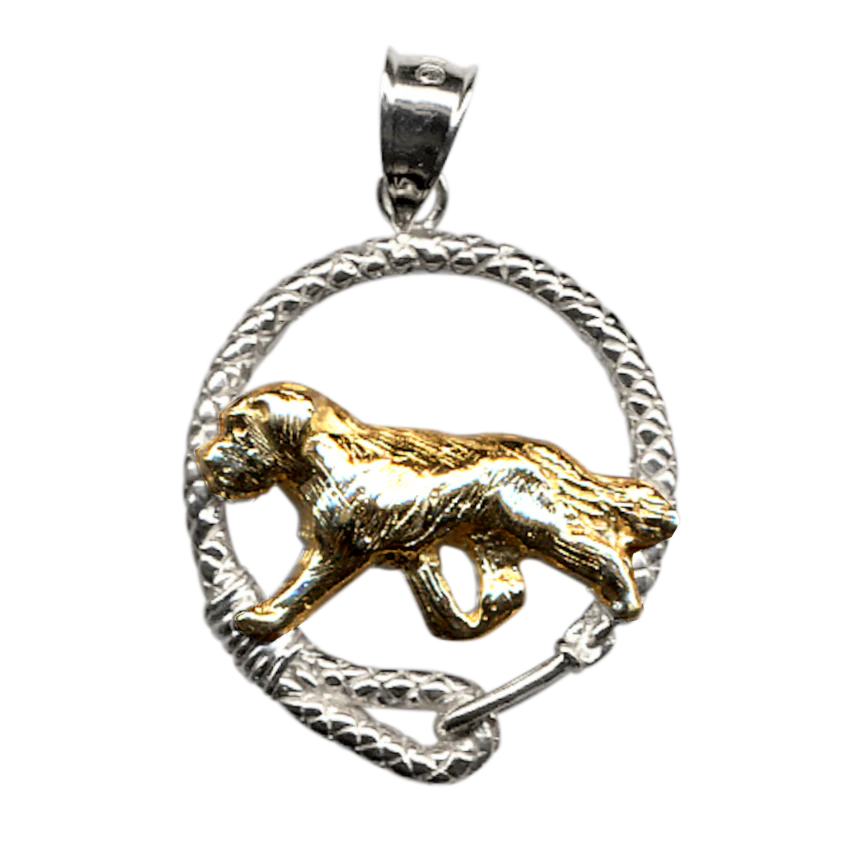 Solid 14K Gold Saint Bernard in Sterling Silver Leash Pendant