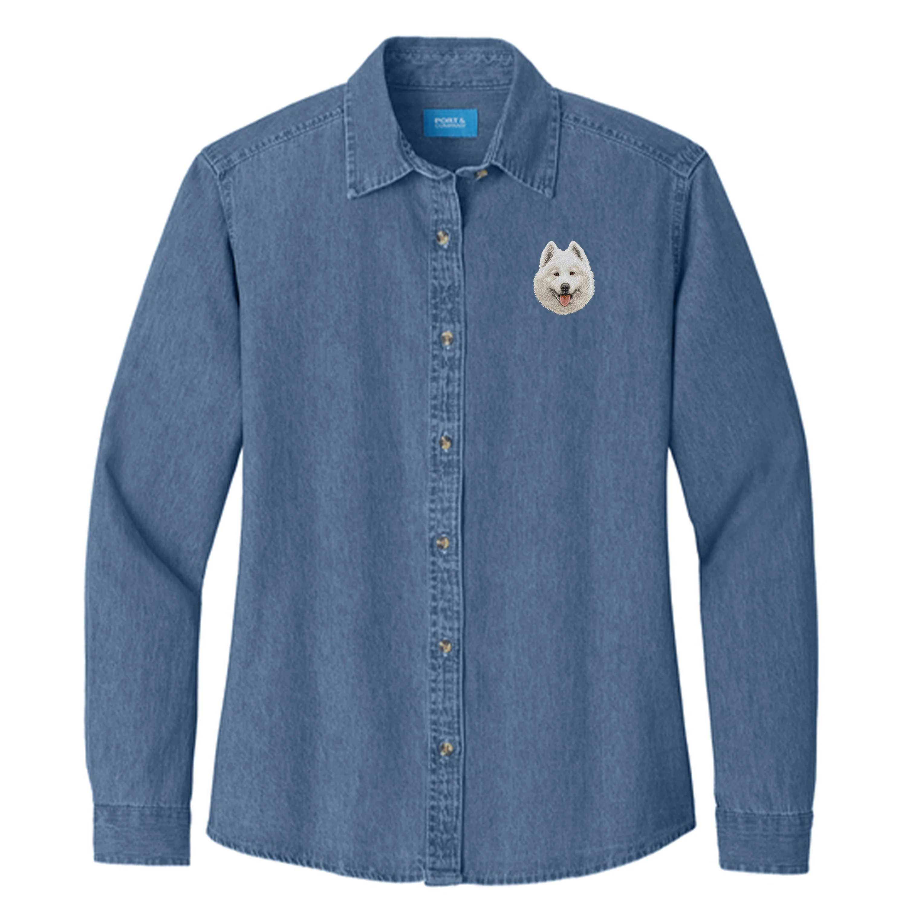 Samoyed Embroidered Women's Denim Shirt