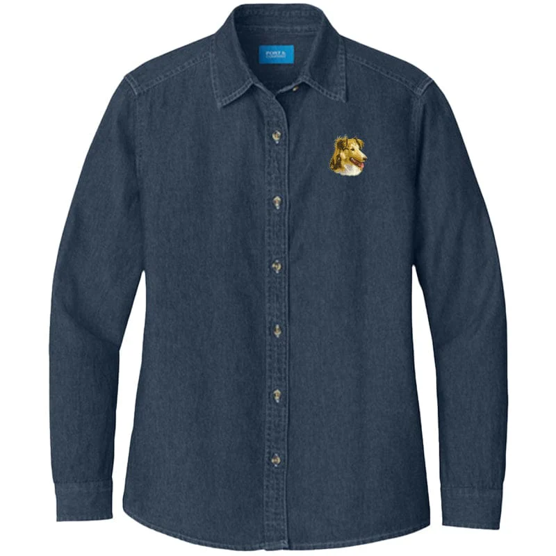 Shetland Sheepdog Embroidered Women's Denim Shirt - Image 3
