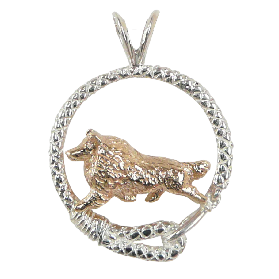 Solid 14K Gold Shetland Sheepdog in Sterling Silver Leash Pendant