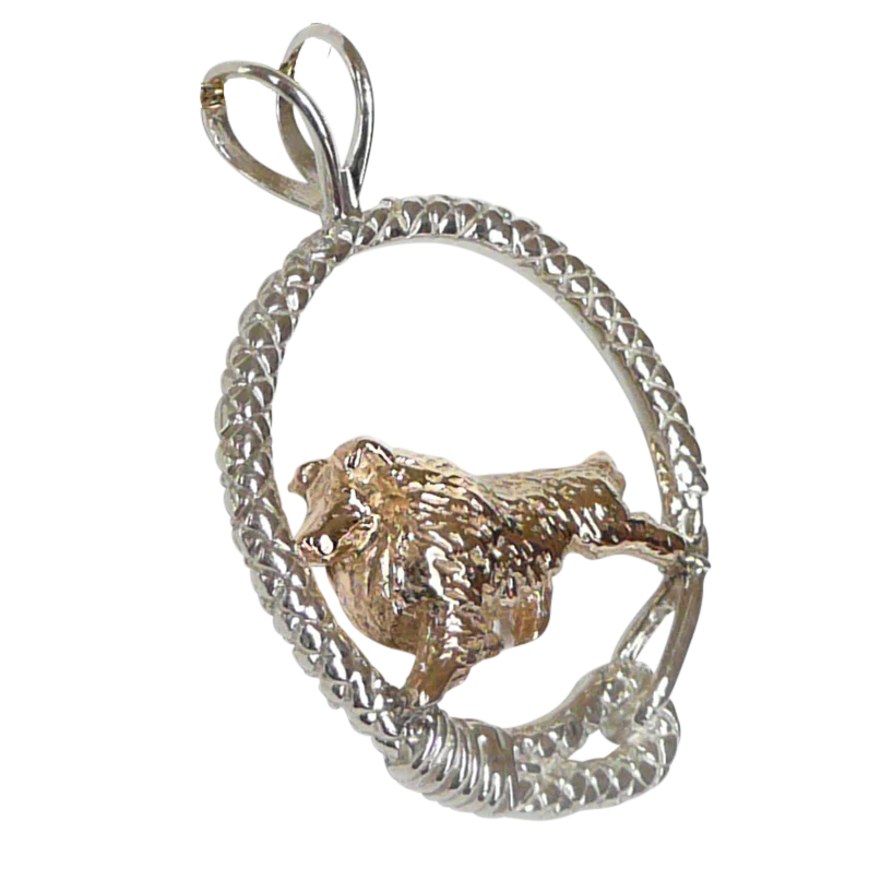 Solid 14K Gold Shetland Sheepdog in Sterling Silver Leash Pendant - Image 2