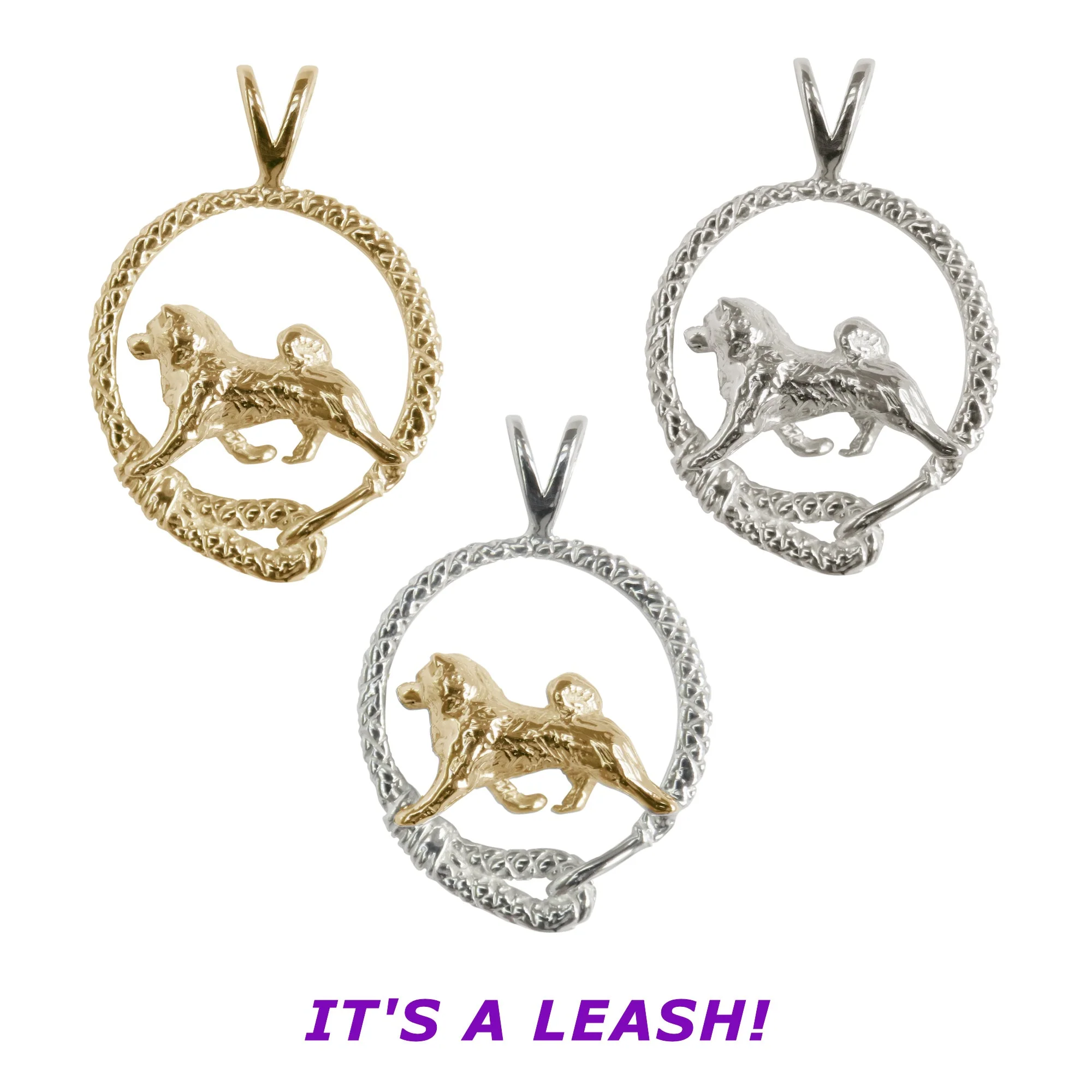 Shiba Inu in 14K Gold with Sterling Silver Leash Pendant - Image 2