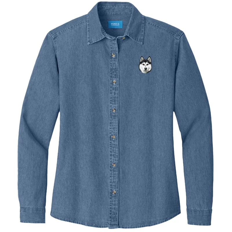 Siberian Husky Embroidered Women's Denim Shirt