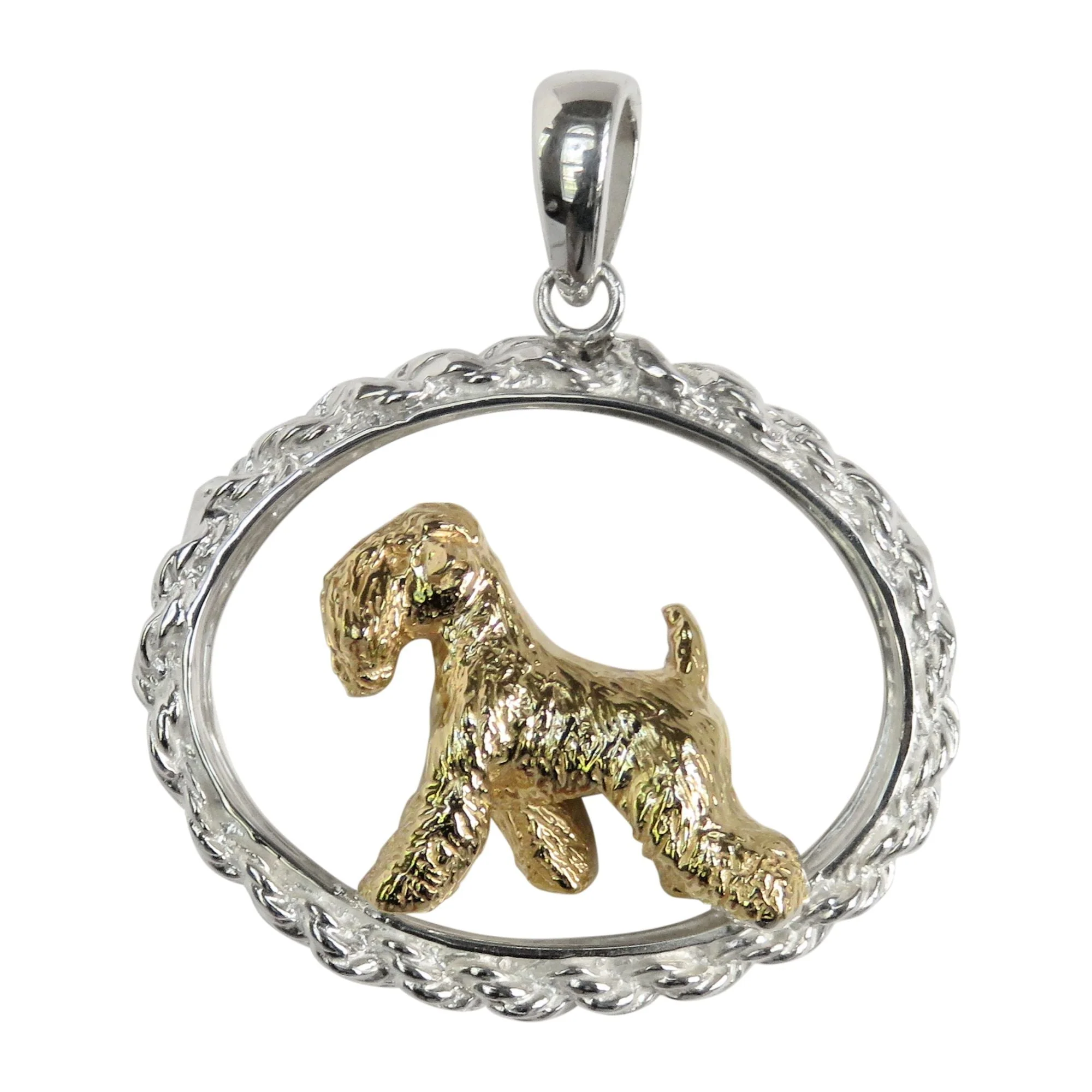 Soft Coated Wheaten Terrier in 14K Gold with Sterling Silver Oval Rope Pendant