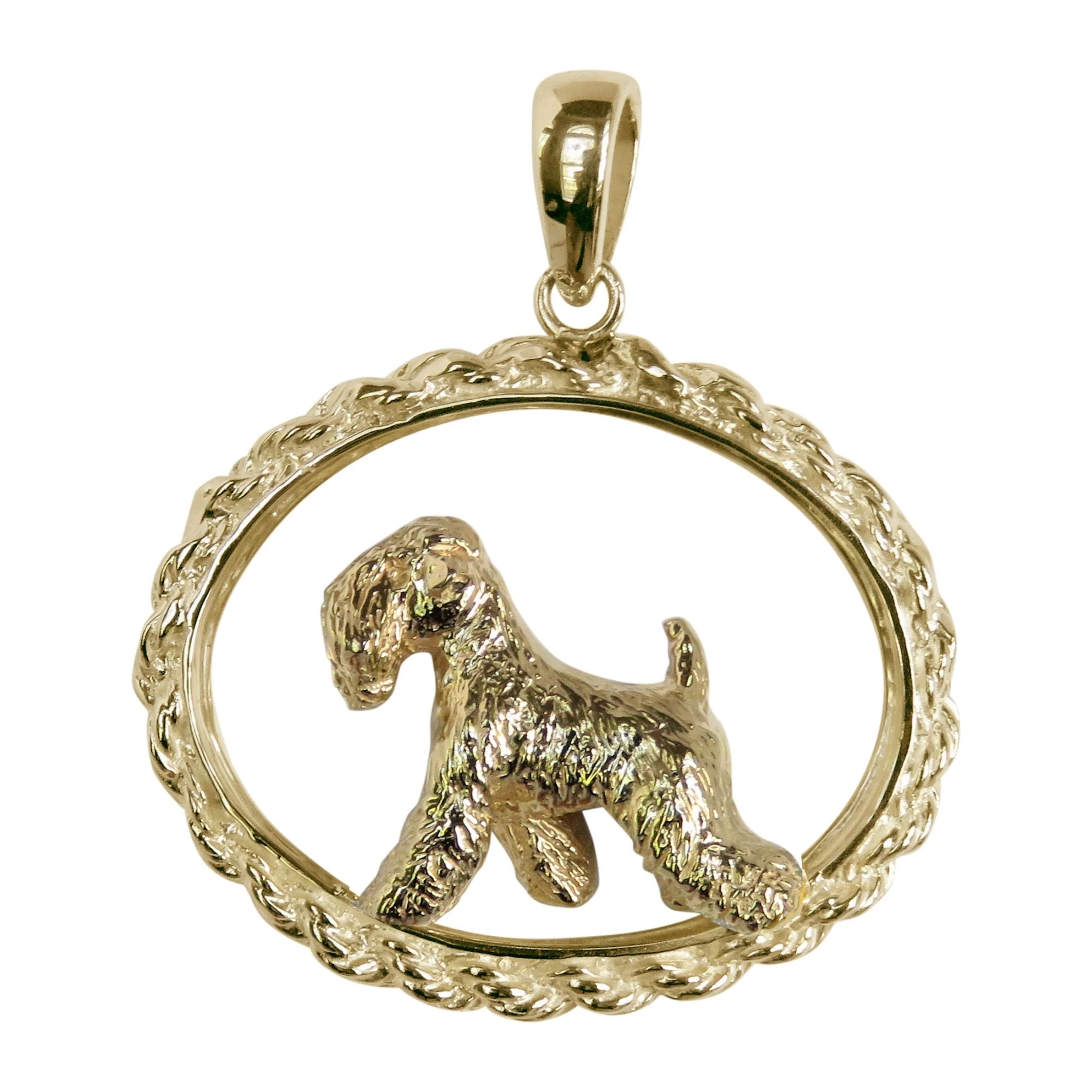 Soft Coated Wheaten Terrier in 14K Gold Oval Rope Pendant