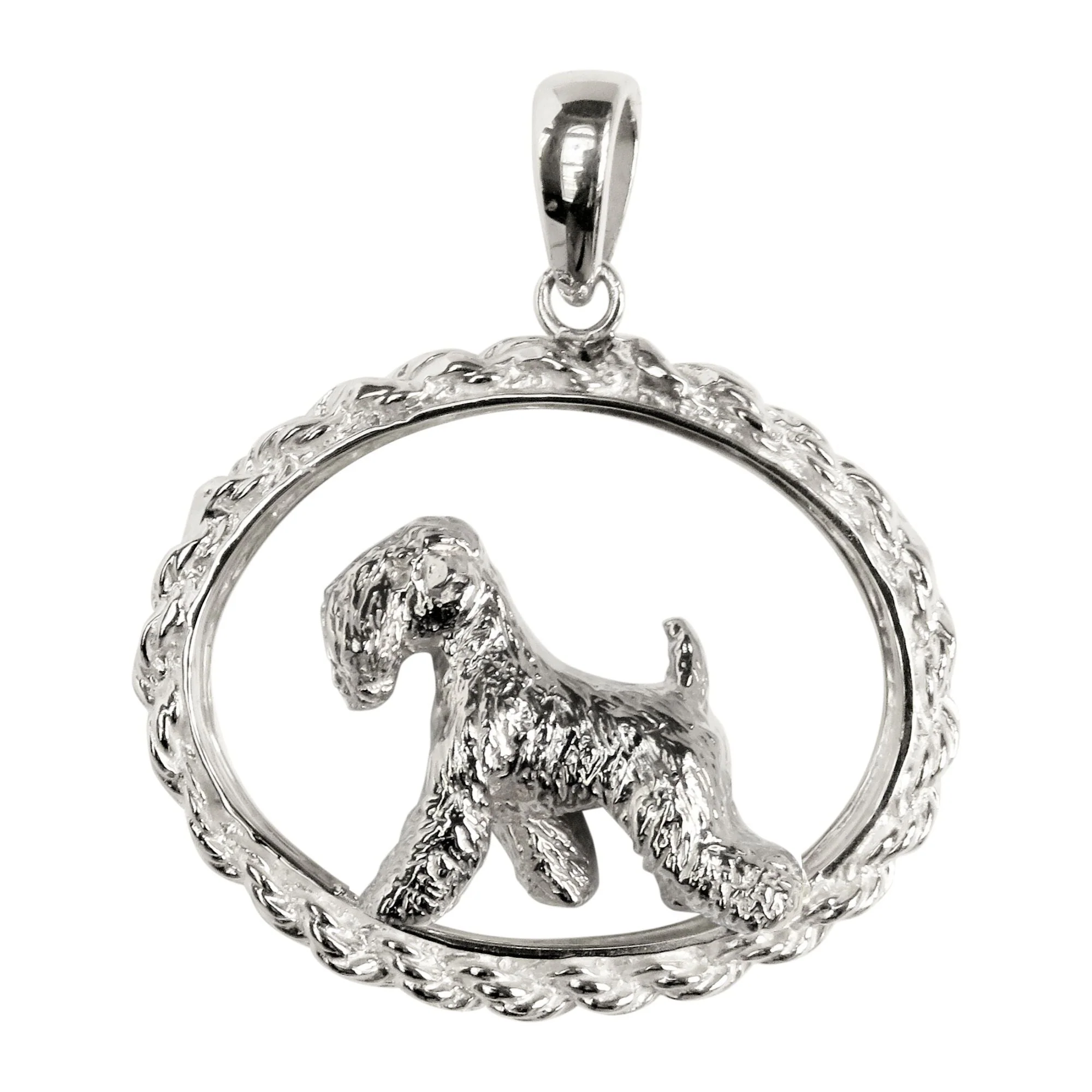 Soft Coated Wheaten Terrier in Sterling Silver Oval Rope Pendant