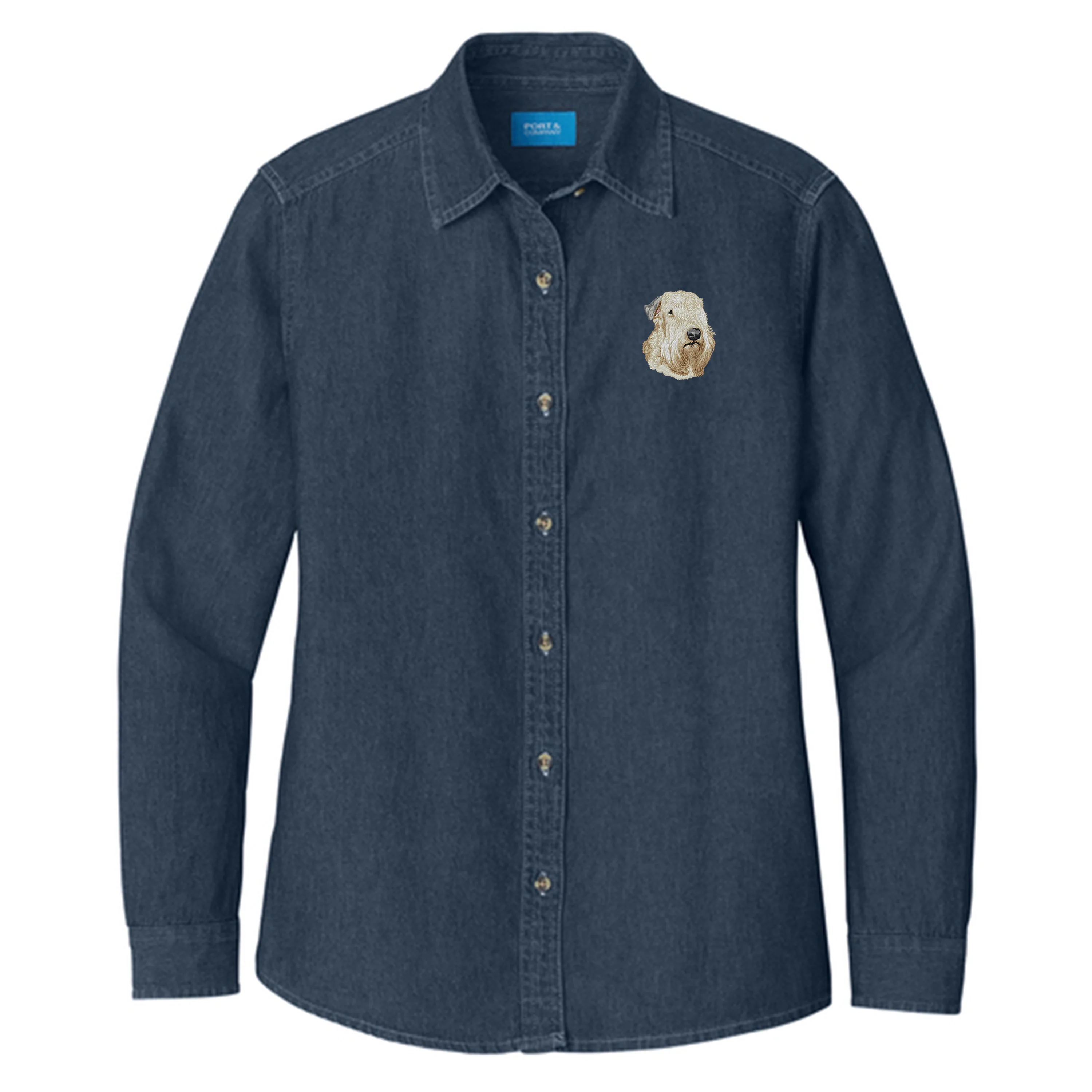 Soft Coated Wheaten Terrier Embroidered Women's Denim Shirt - Image 3