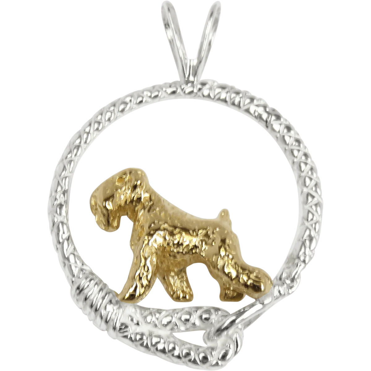 Solid 14K Gold Soft Coated Wheaten Terrier in Sterling Silver Leash Pendant