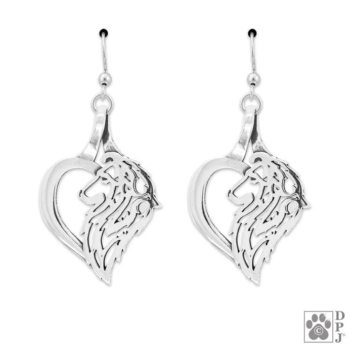 Sterling Silver Shetland Sheepdog in Heart Earrings, Head