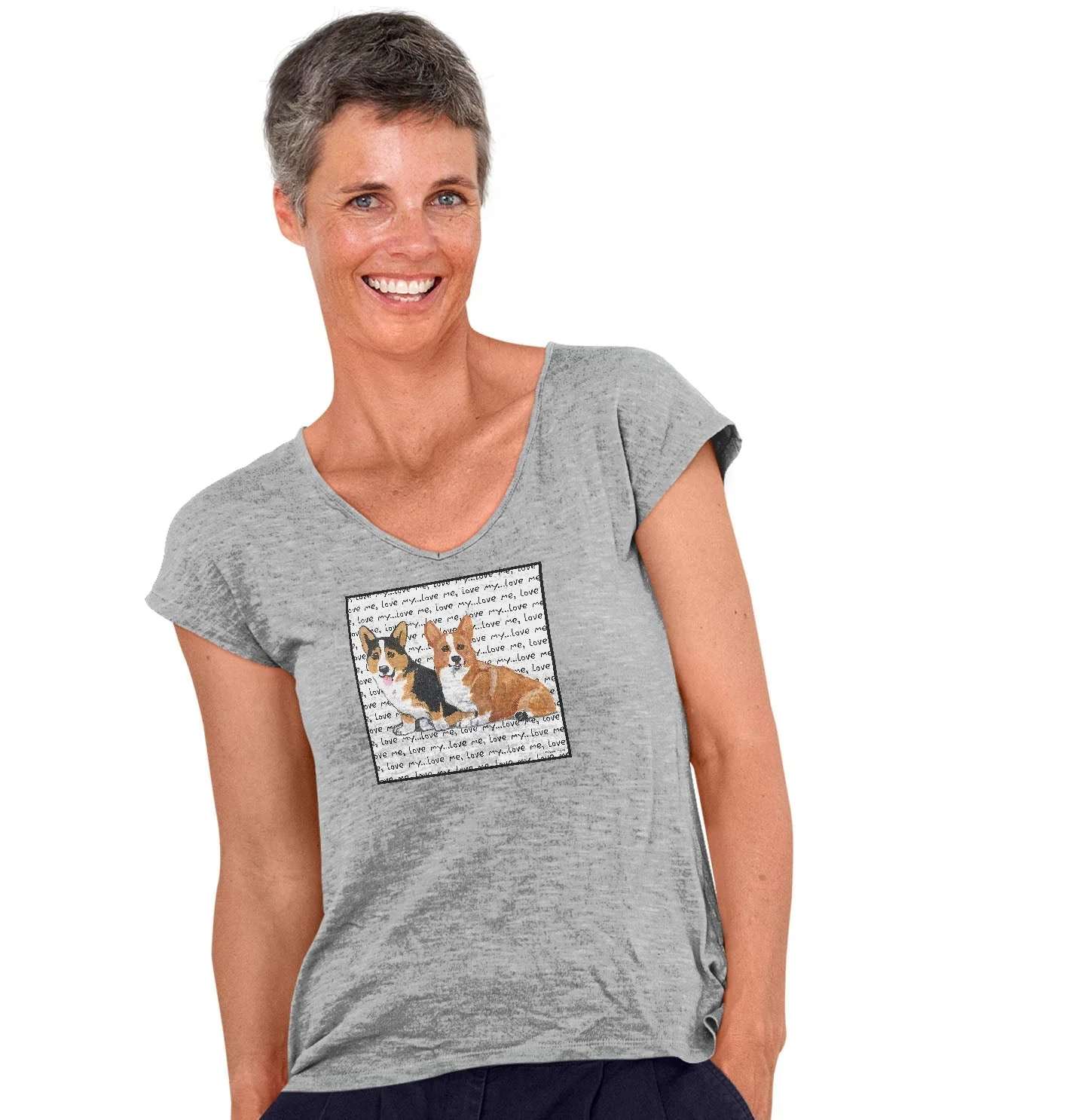 Two Corgi Love Text - Women's V-Neck T-Shirt - Image 3