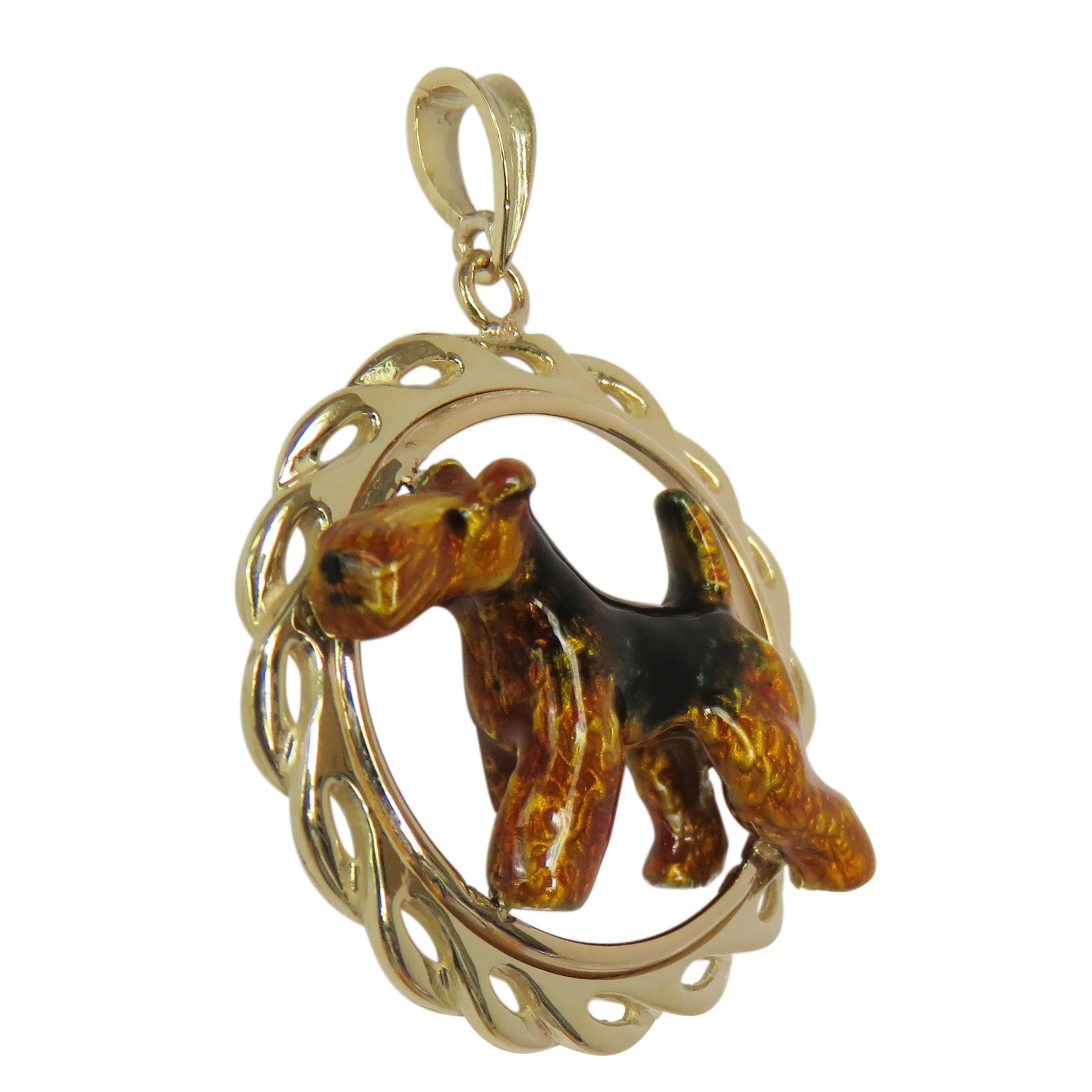 Welsh Terrier in 14K Gold Circle Wave Pendant Custom Enamel - Image 2