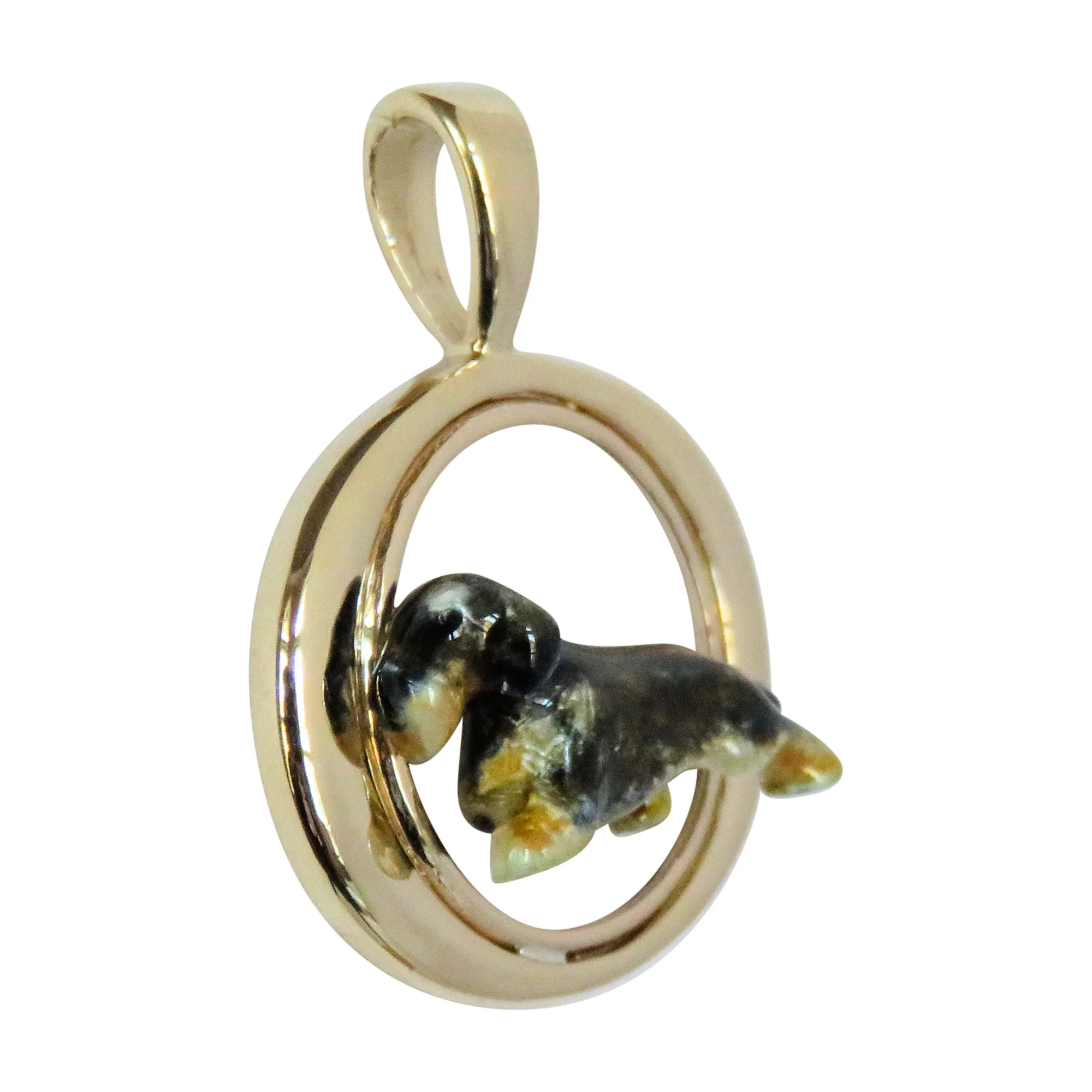 Wirehaired Dachshund  Custom Enamel in 14K Gold Tapered Oval Pendant - Image 3